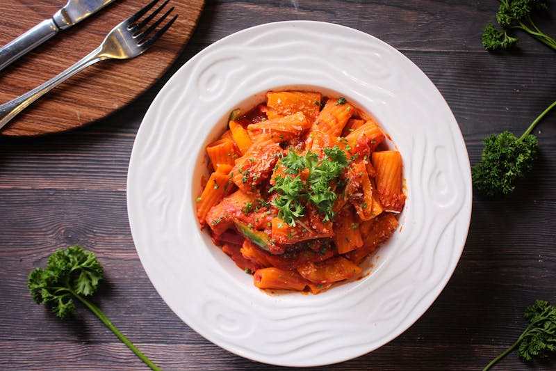 Rigatoni all'Amatriciana — pasta with guanciale and tomato sauce